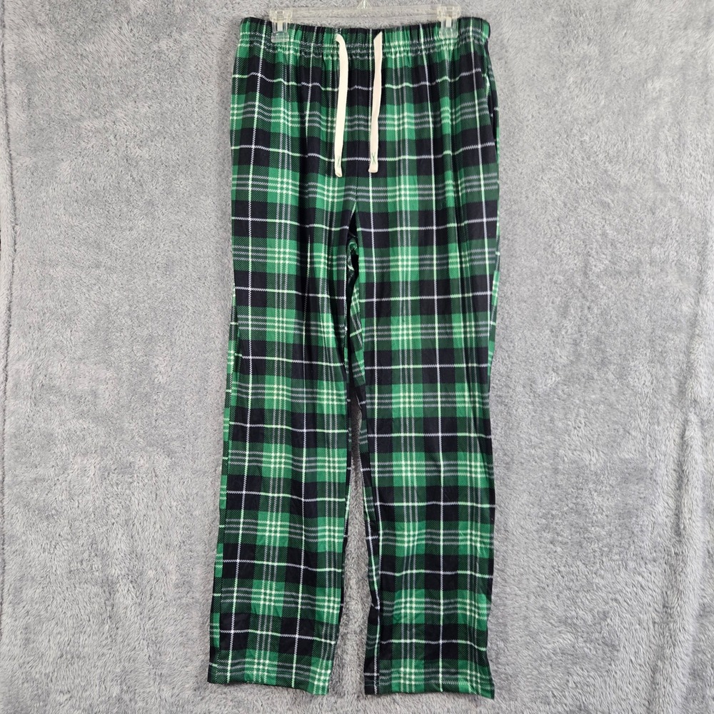Iffei Mens Green Black Plaid Pajama Pants Large Drawstring Lounge Sleep Bottoms